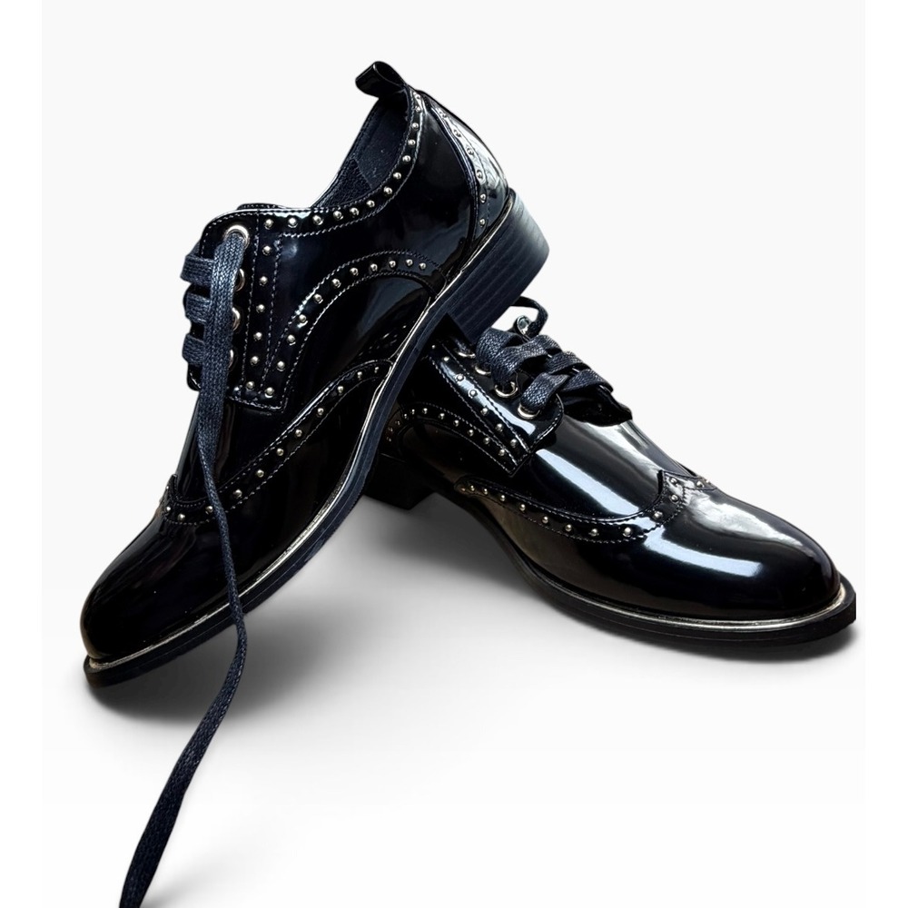 Midnight Velvet Studded Patent Wingtip Oxfords Brogues 7M Black Studs New